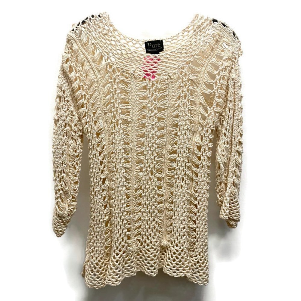 Pure Cream Crochet Open Knit 3/4 Sleeve Tunic